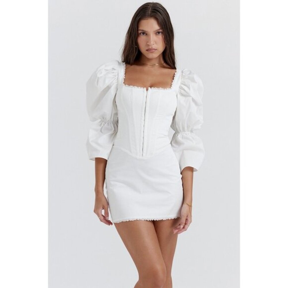 HOUSE OF CB MATILDA Add To Wishlist WHITE PUFF SLEEVE CORSET DRESS SIZE S